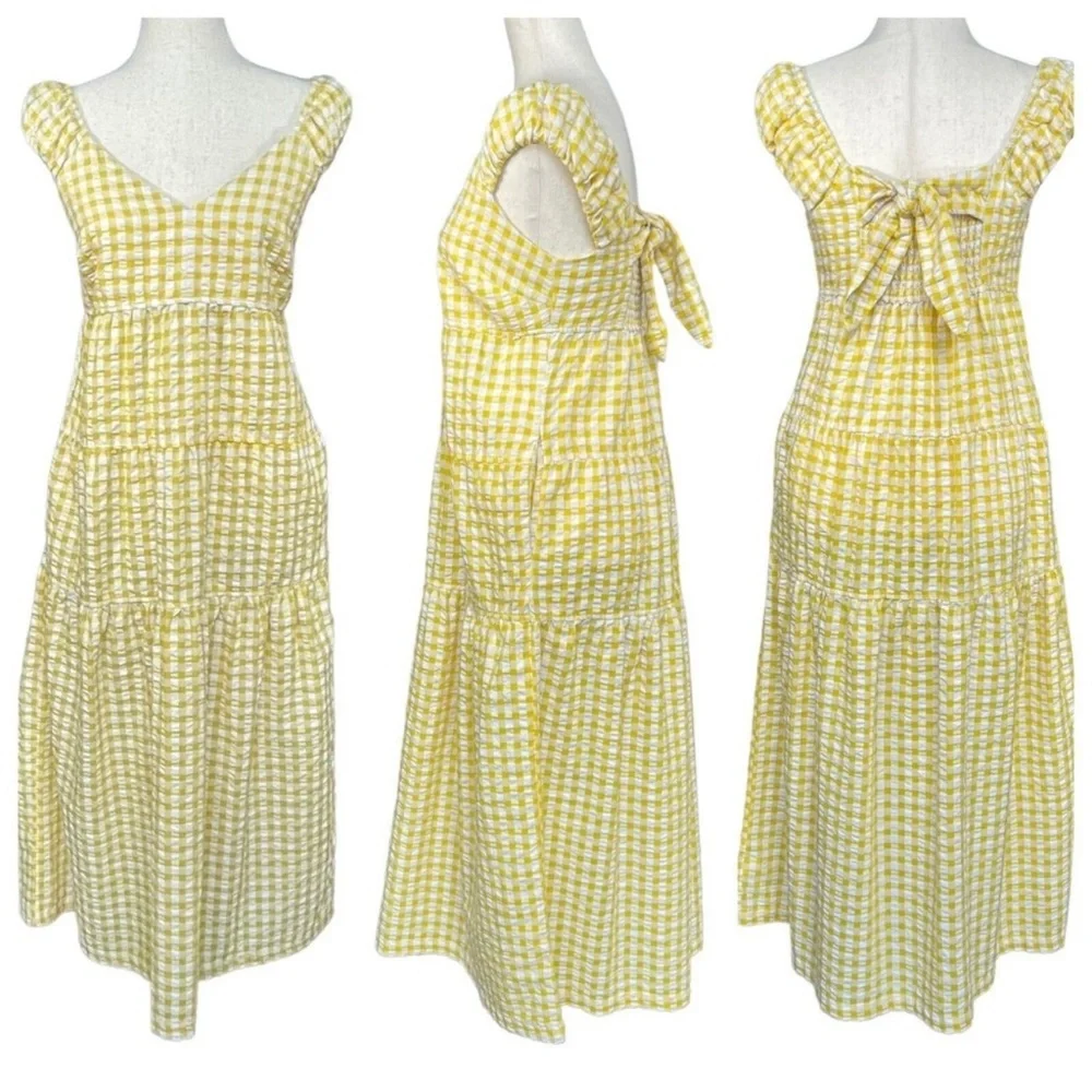 Old Navy Yellow Gingham Tiered Seersucker All-Day Maxi Dress Women's Size S - Picture 3 of 6